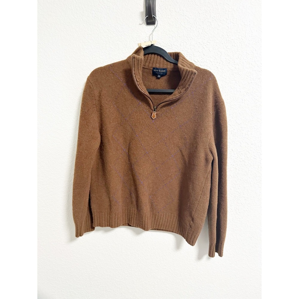 Scott Barber Mens Merino Wool‎ 1/4 Zip Sweater Argyle Knit Pullover Brown XXL